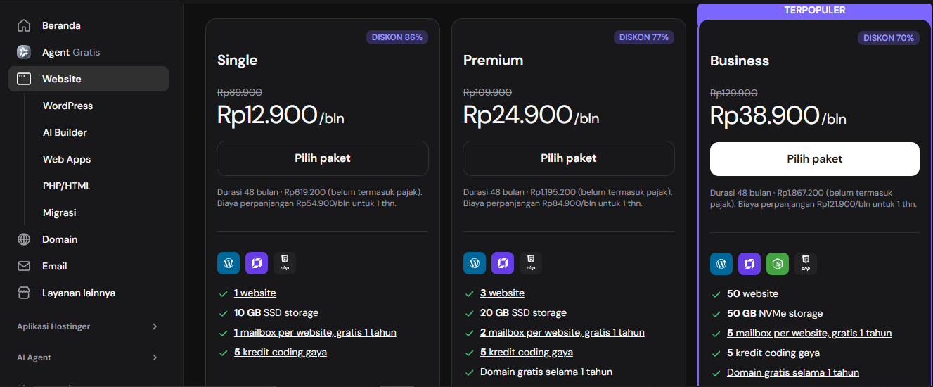 paket hosting: hostinger